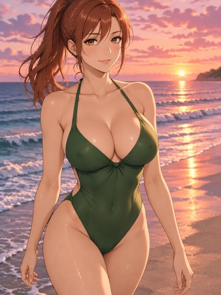 Akane, Girl AI anime companion on the sunset beach